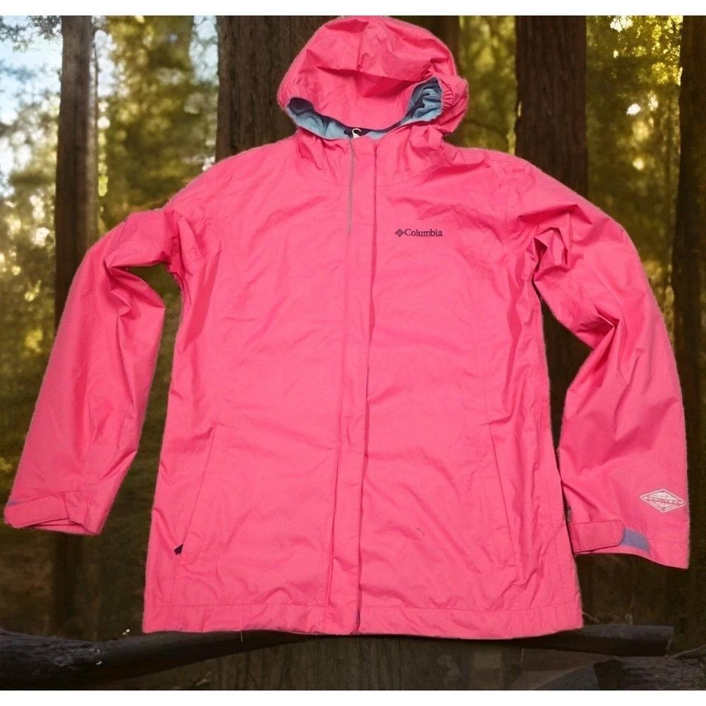 Columbia Rain‎ Jacket Girls Large Pink Good Omni-Tech Waterproof Hooded Shell